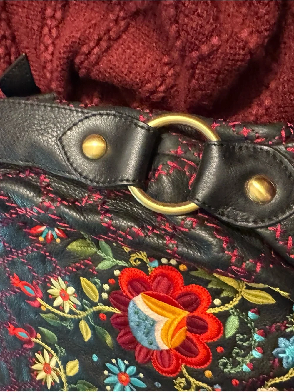 Rare Isabella Fiore Leather Shoulder Hobo Bag with Multicolor Floral Embroidery - Picture 9 of 12